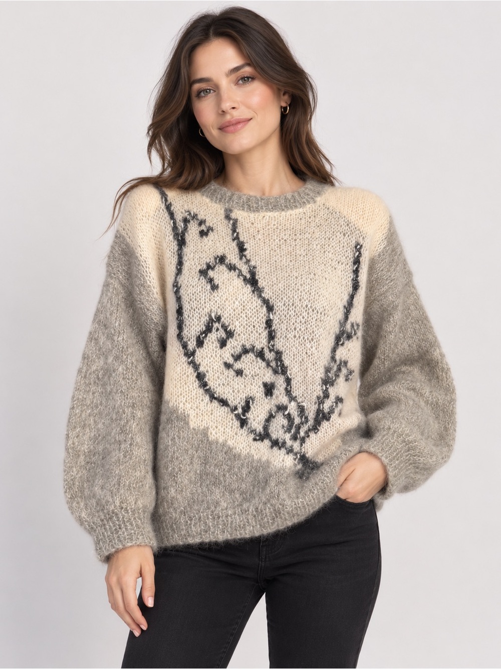Vintage Mohair Blend Art Sweater Abstract Floral Gray Cream Oversized